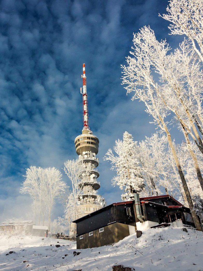 Telecommunications tower in winter